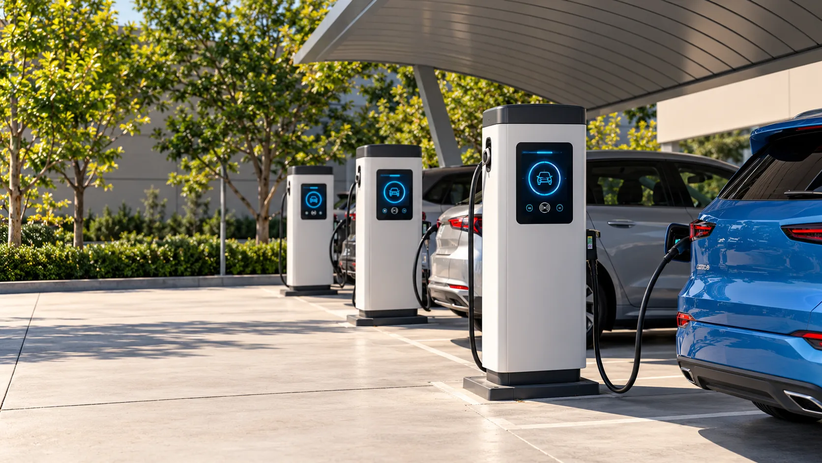 Commercial EV charging stations in a covered parking area
