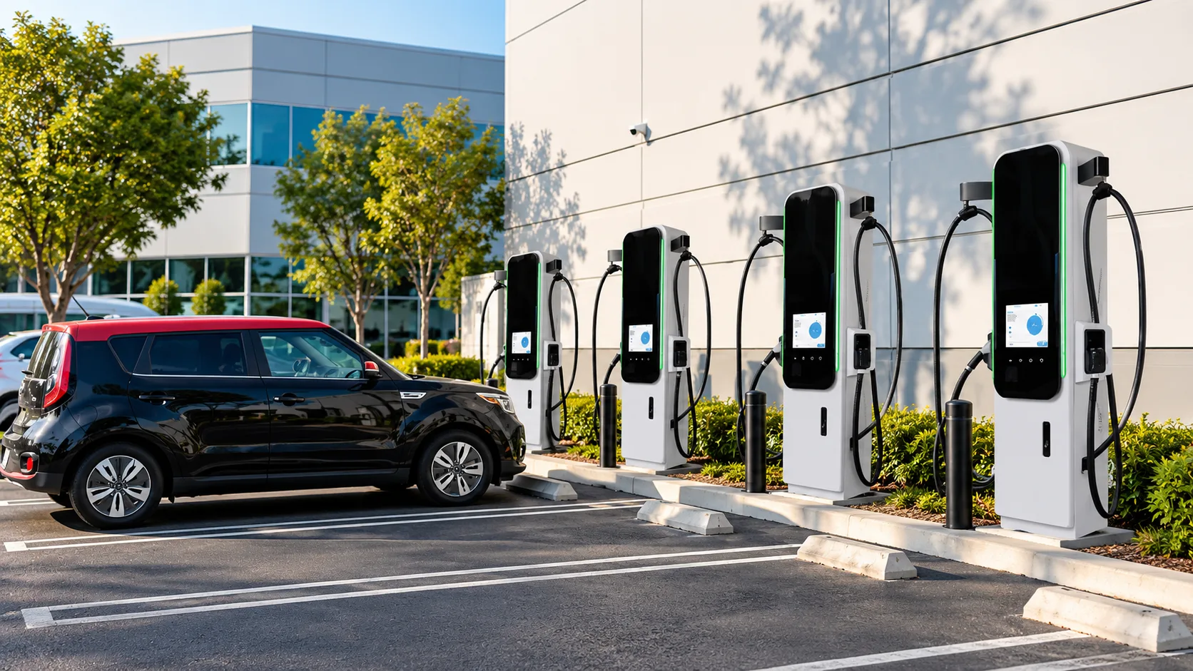 Row of commercial EV chargers in an office parking lot