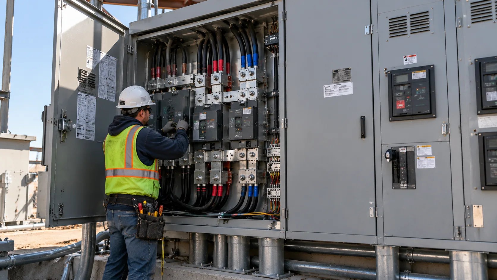 Electrician working inside open commercial switchgear