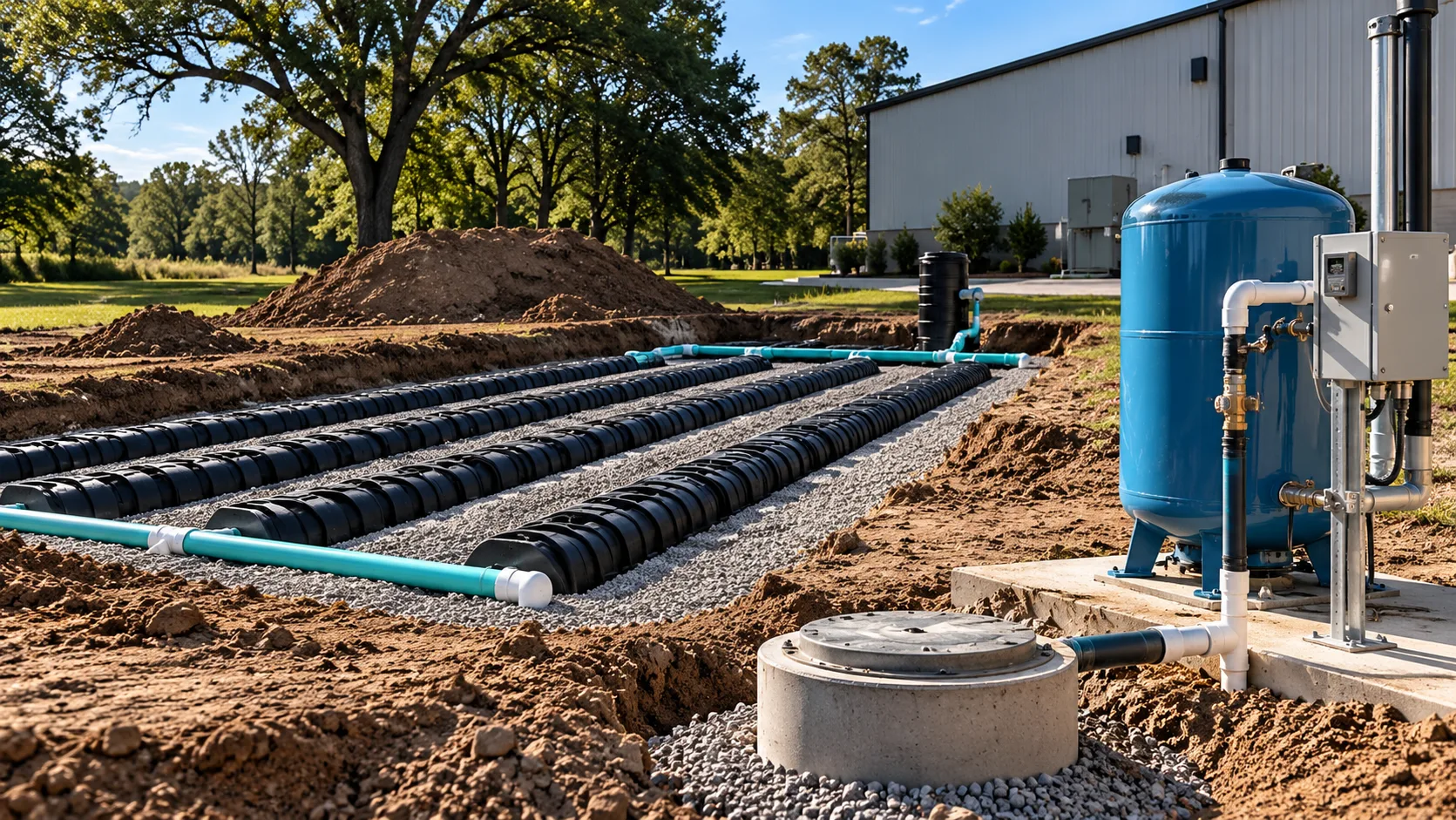 Commercial septic field and well pressure tank next to a building