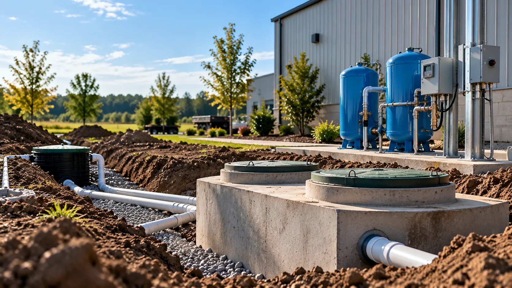Septic tank access and well pressure tanks at a commercial site
