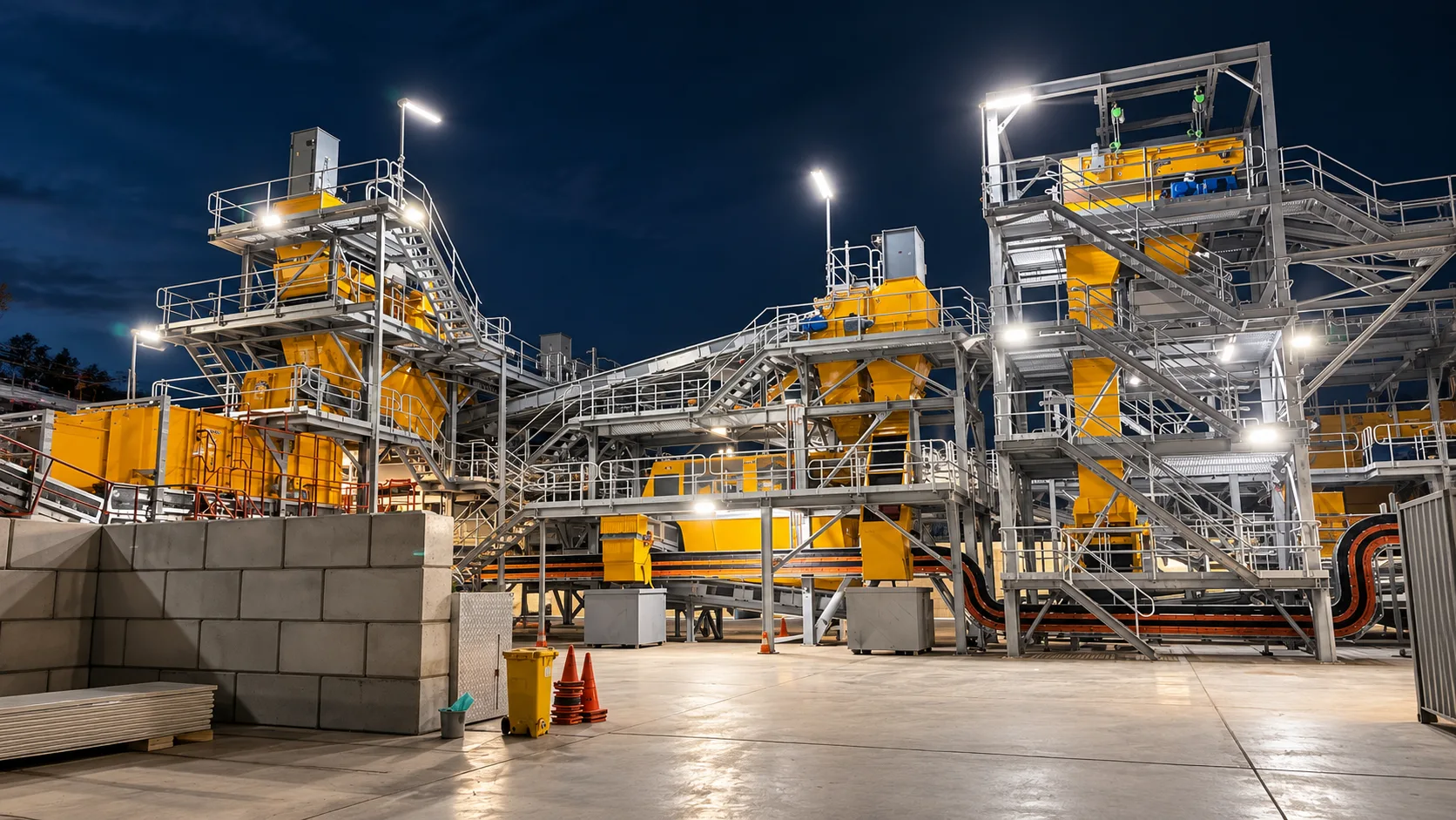Commercial site illuminated at night by pole-mounted lights