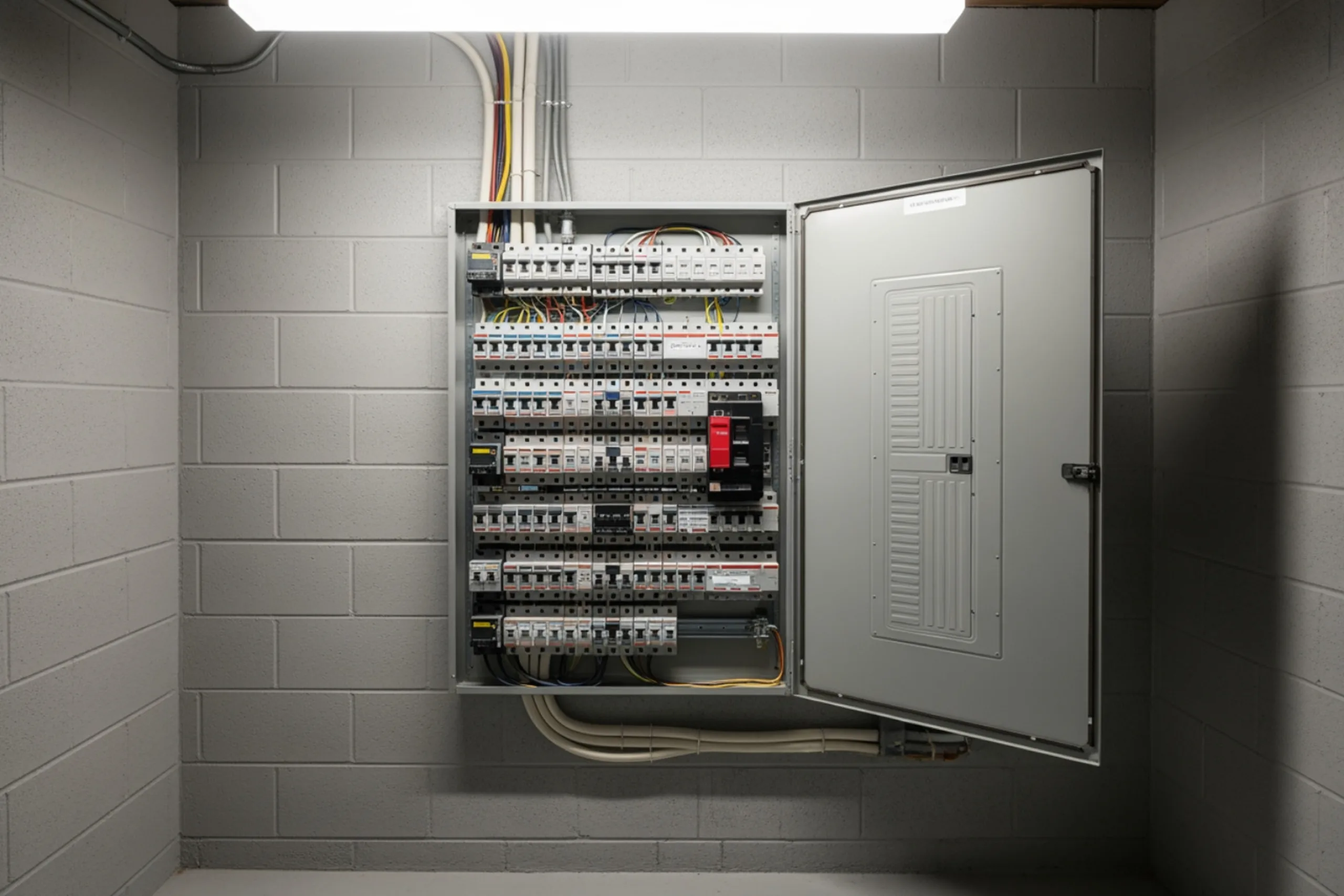 Open residential electrical panel with breakers in a utility room