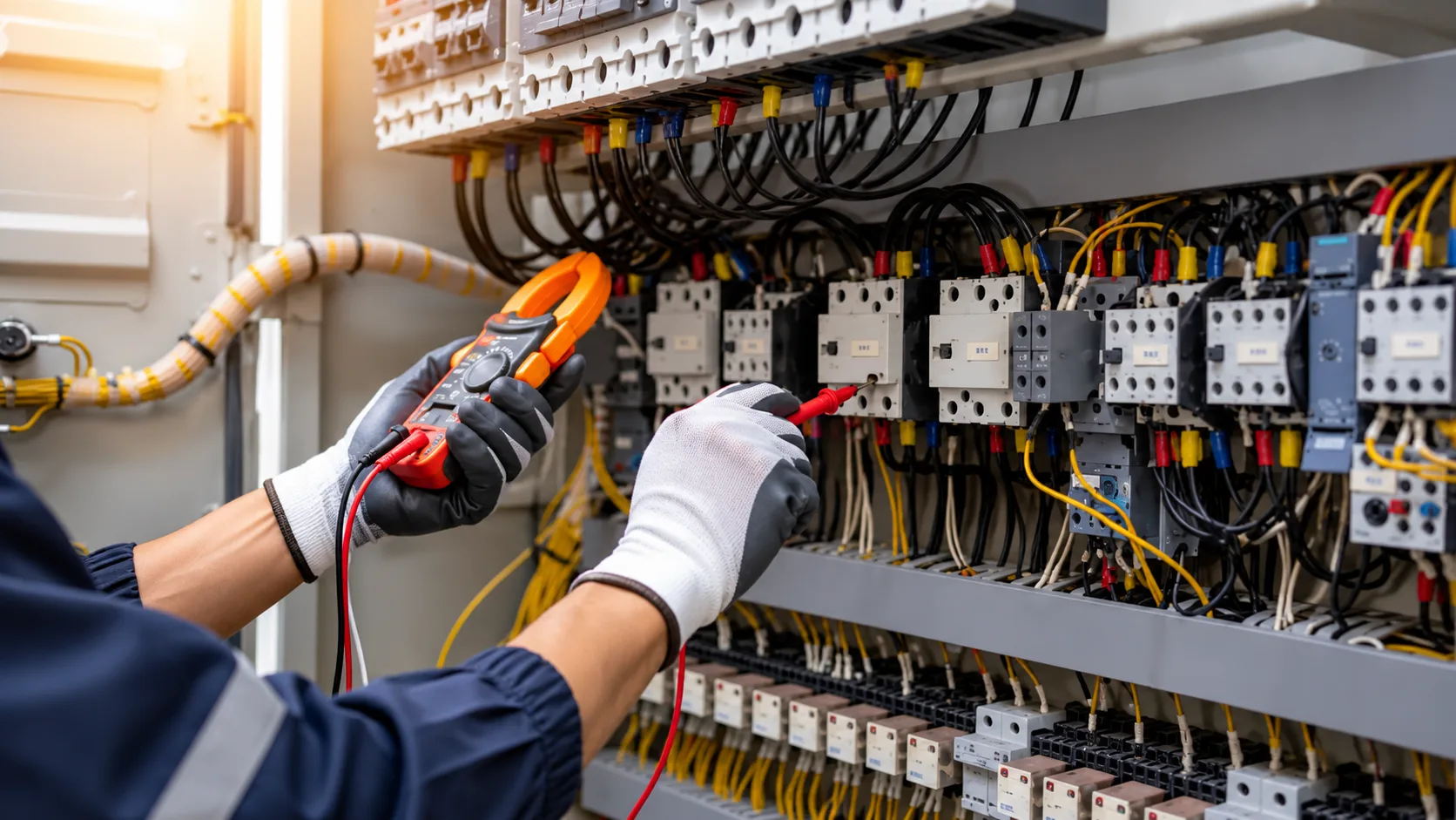 Electrician testing a circuit with a clamp meter at a wiring panel
