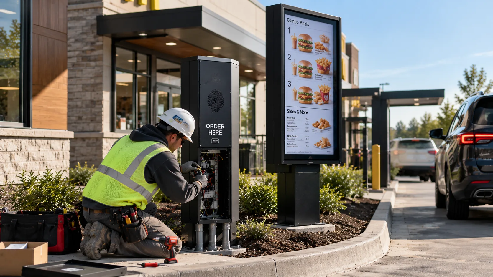 Electrician wiring a drive-thru order point next to a digital menu board