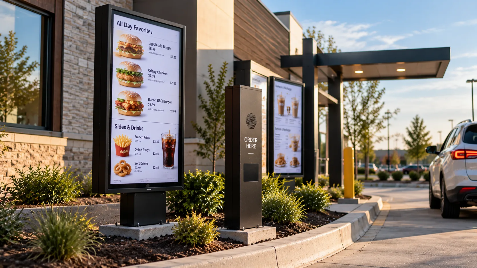 Digital drive-thru menu boards and order point at a restaurant