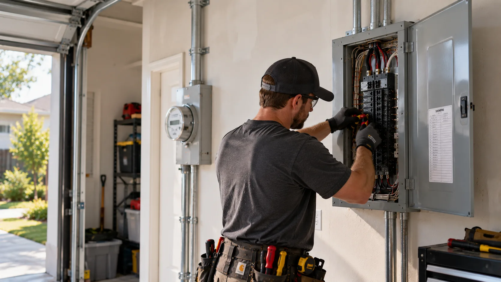 Electrician working on a residential electrical panel in a garage