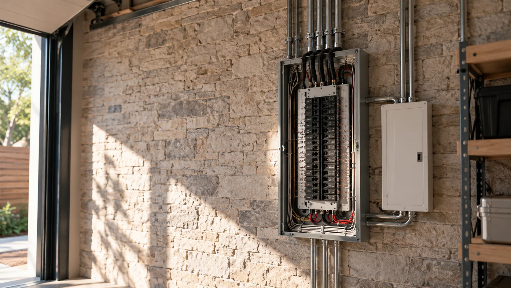 New electrical panel and conduit mounted on a garage wall