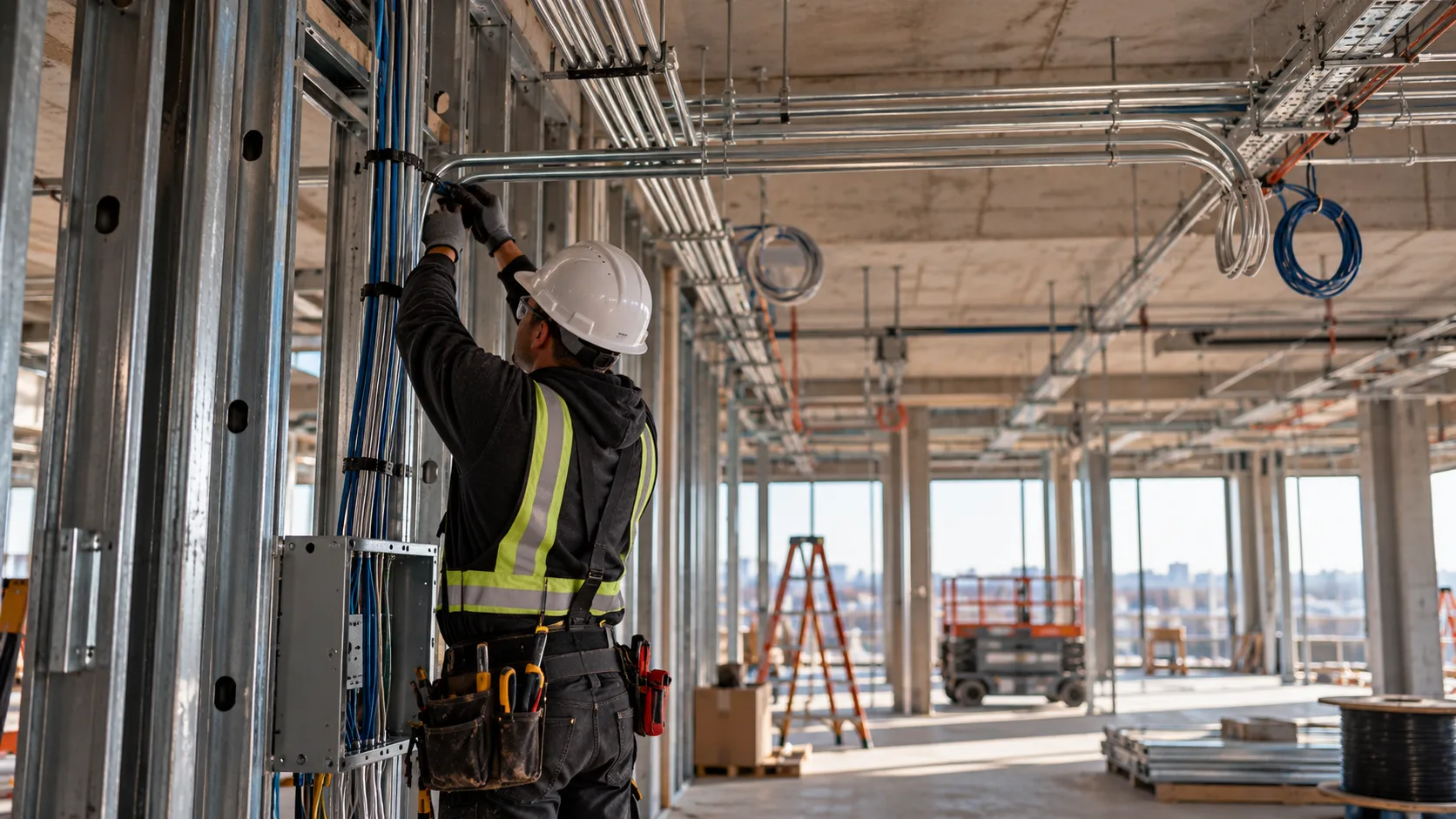 Electrician installing conduit in a commercial building under construction