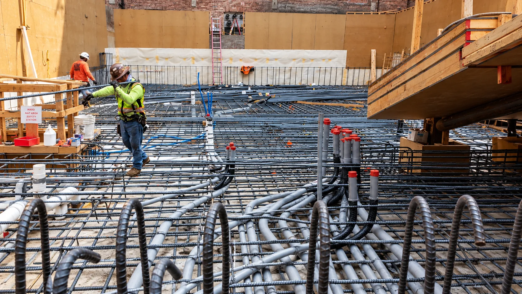 Underground conduit and rebar on a commercial construction site