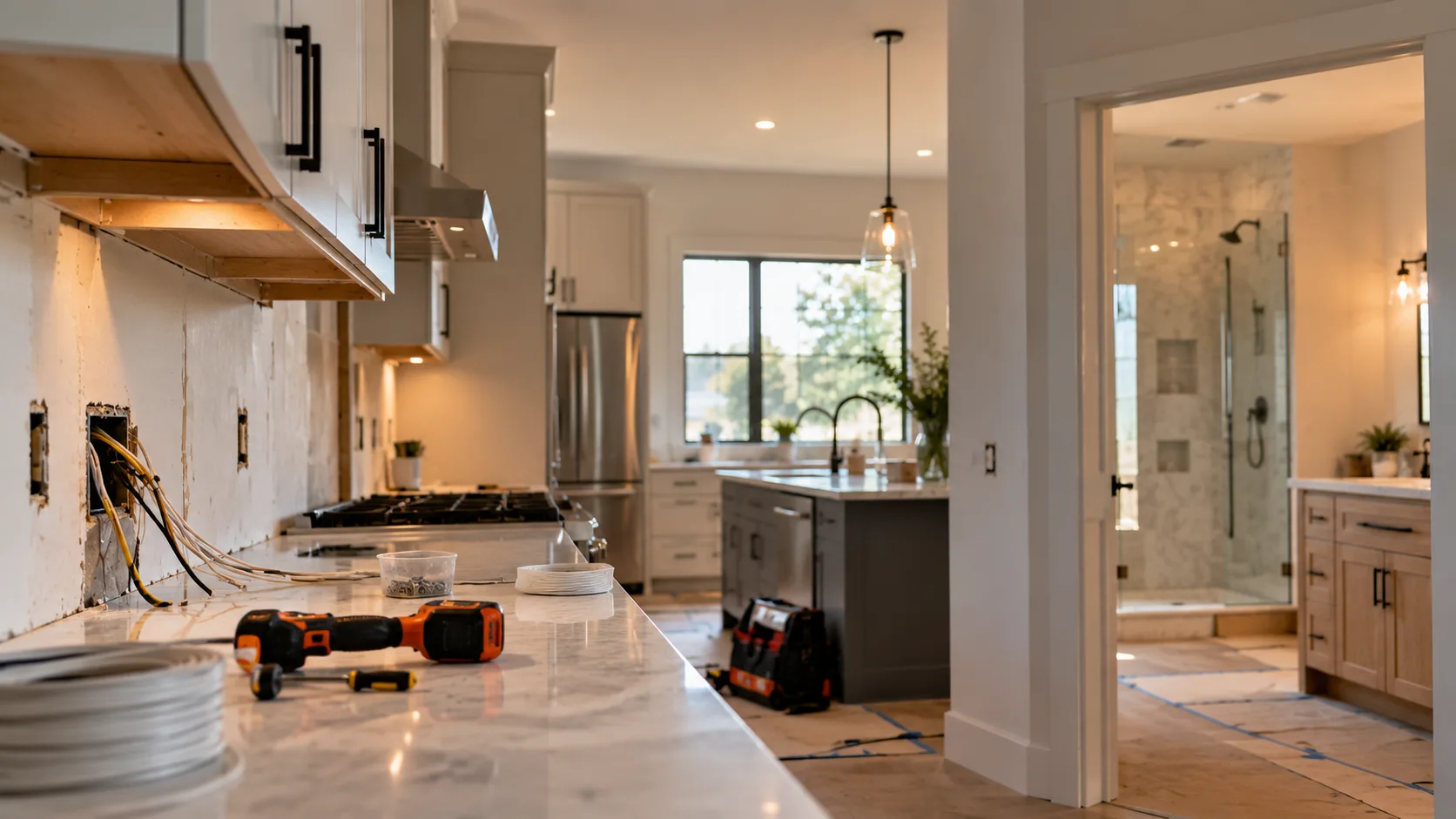 Kitchen remodel with exposed wiring and tools on the countertop