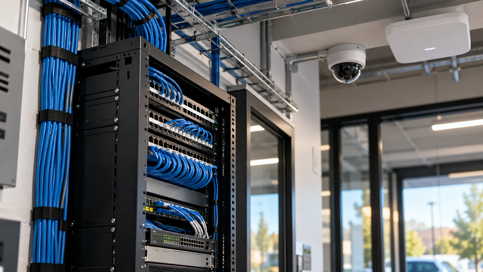 Network rack with organized blue data cabling in a commercial space
