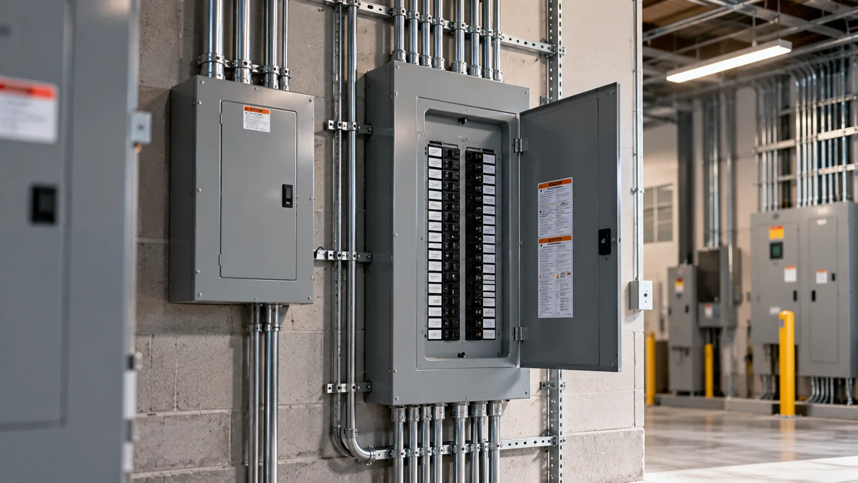 Commercial sub panels with conduit mounted on a block wall