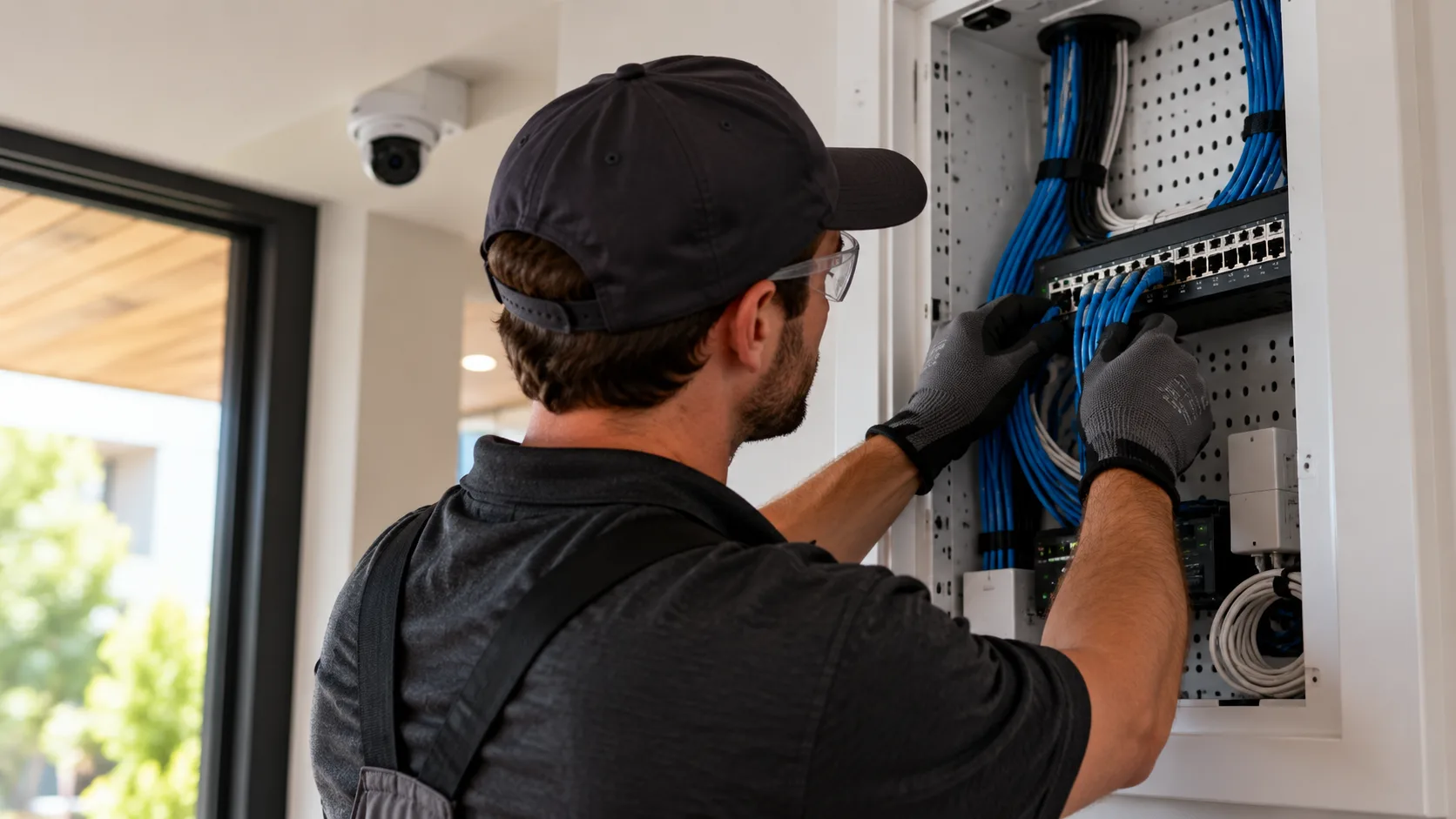Technician organizing network cables in a residential structured wiring panel
