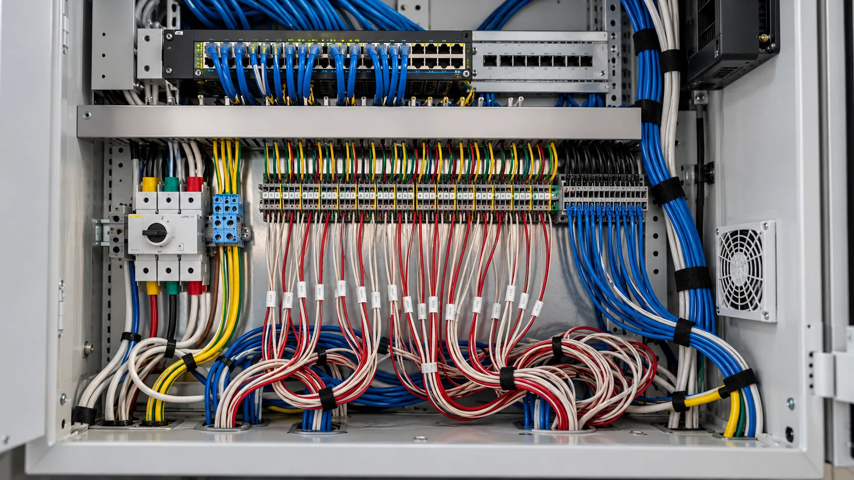 Organized structured wiring panel with network switch and labeled cables