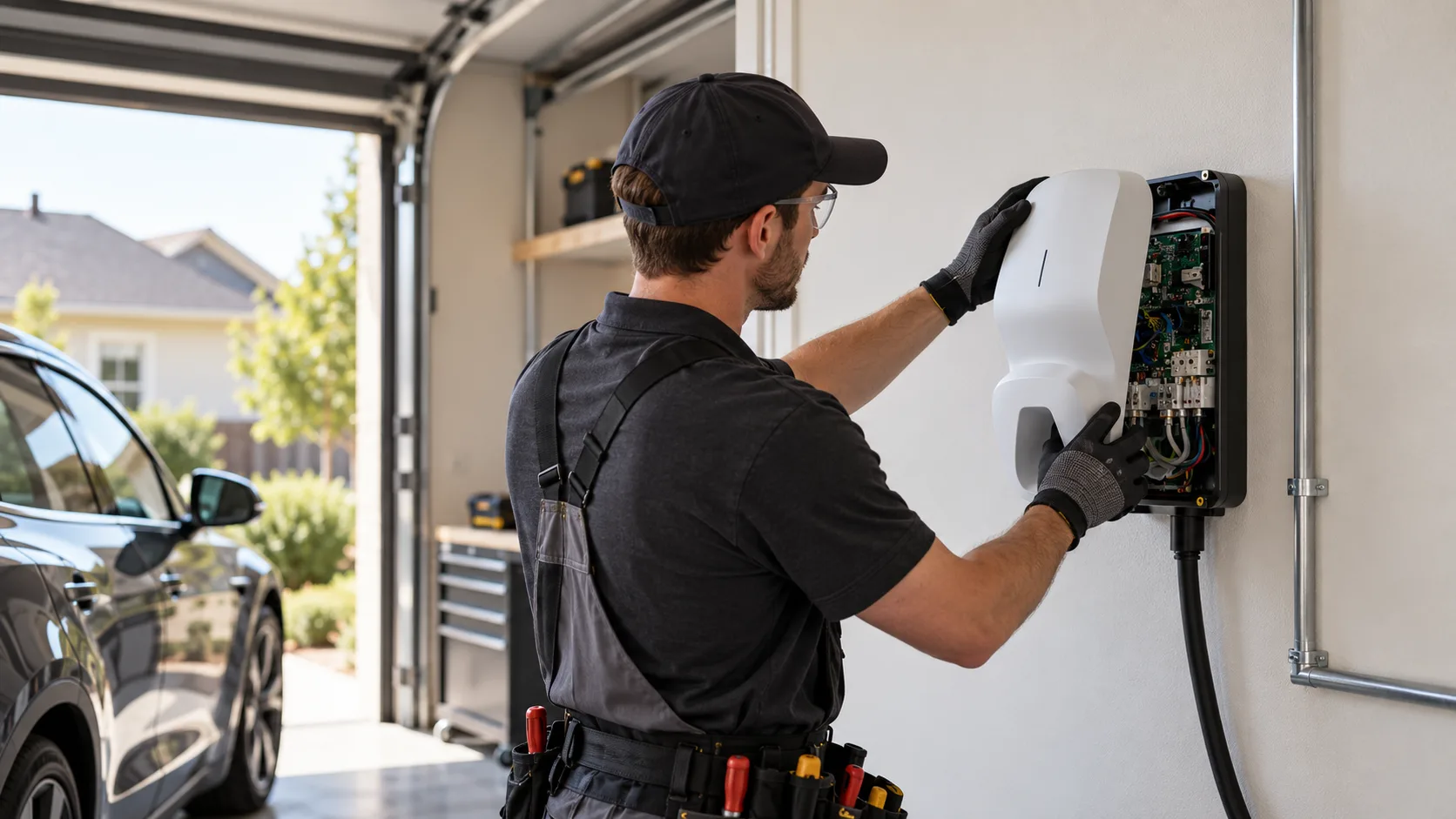 Electrician mounting a wall EV charger in a home garage