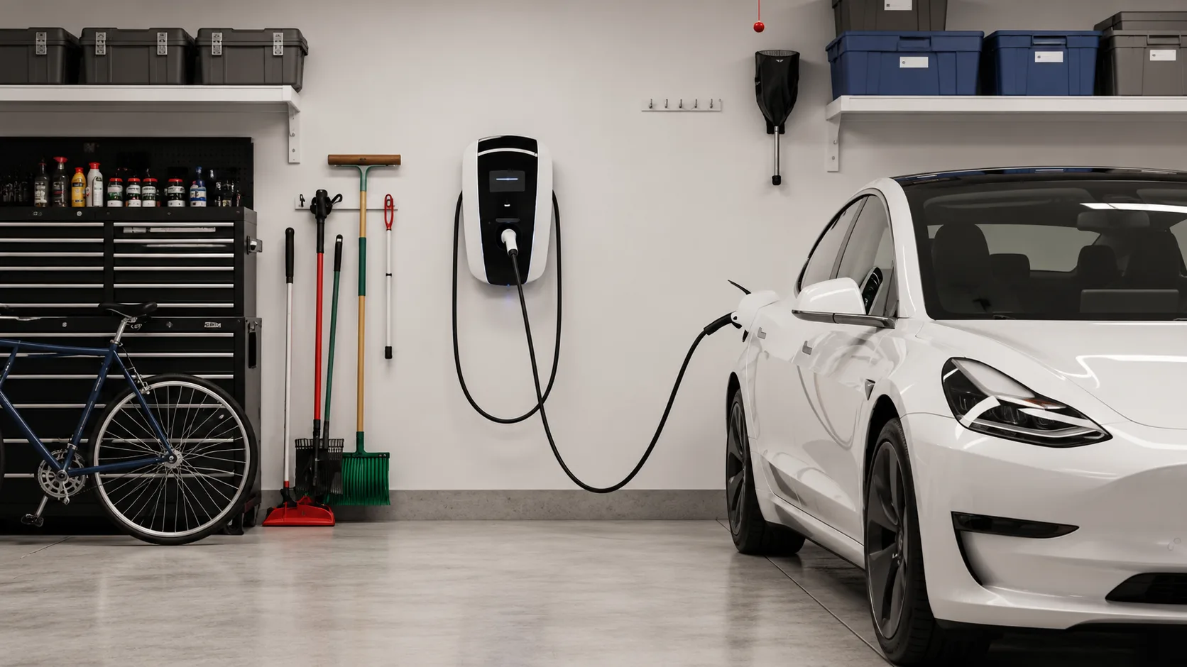 Wall-mounted EV charger connected to an electric car in a garage