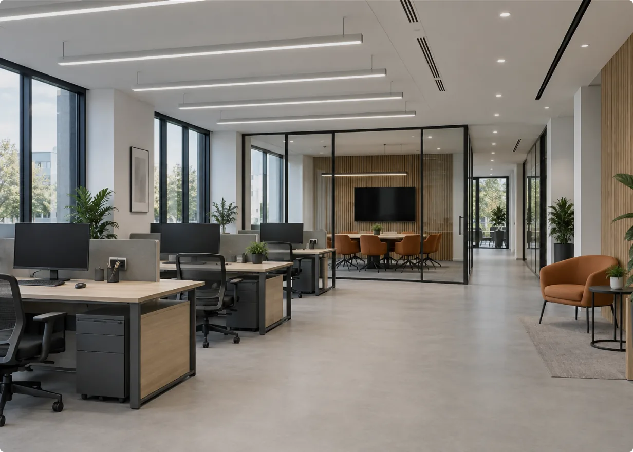Open-plan office with linear LED lighting