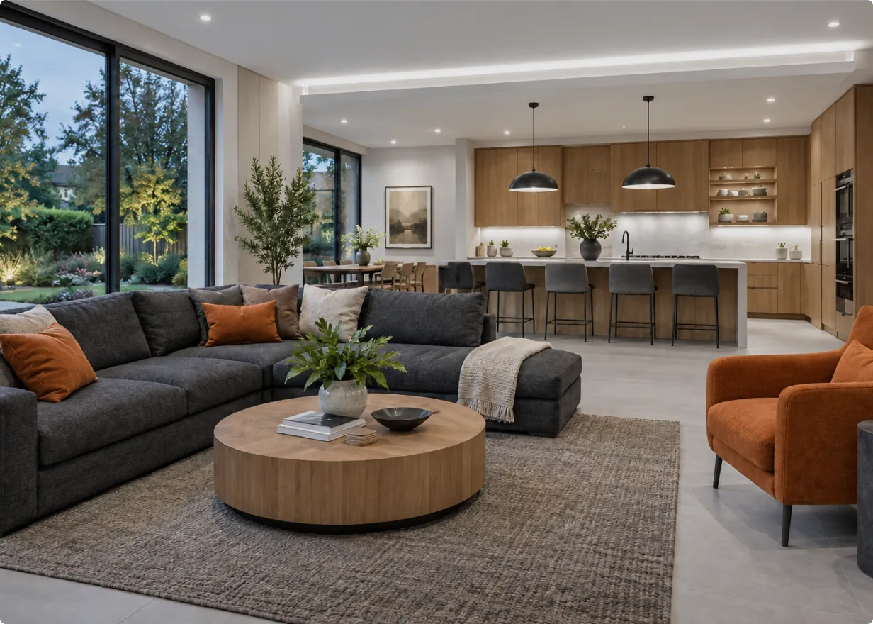 Modern living room with recessed and pendant lighting