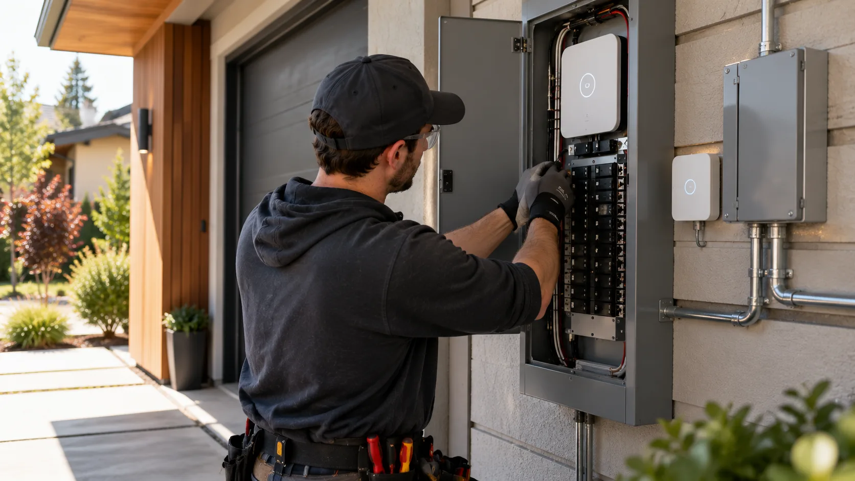 Electrician installing a smart electrical panel on a home exterior wall