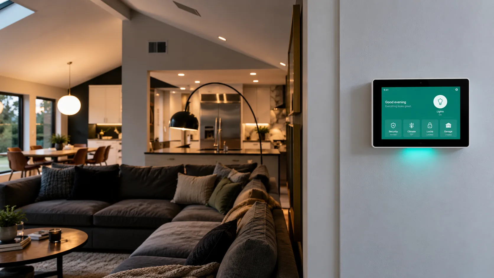 Living room with a wall-mounted smart home control panel