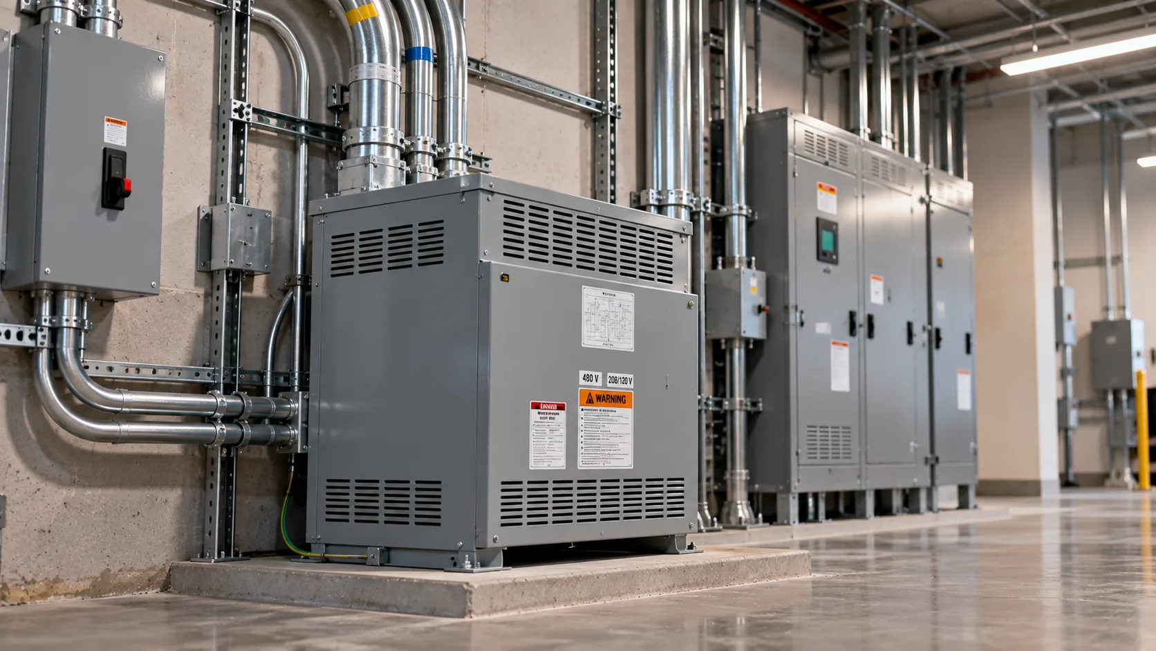 Dry-type transformer and distribution equipment in a commercial electrical room