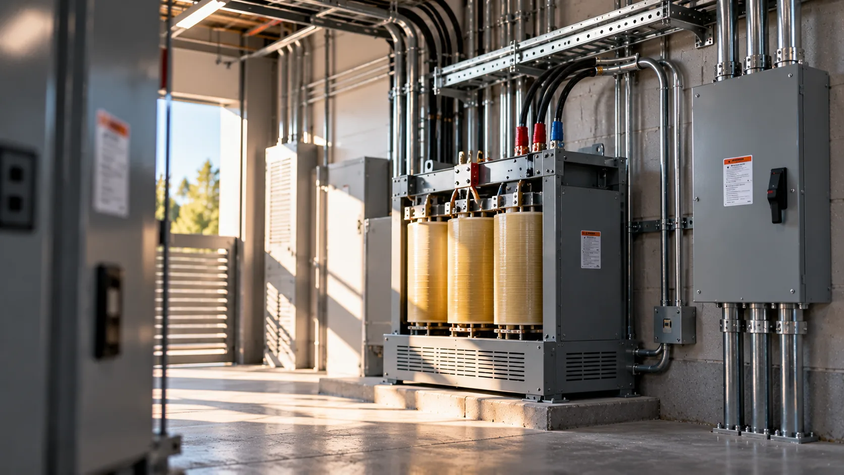 Transformer installed between disconnects in a commercial electrical room