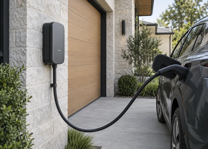 Electric vehicle charger mounted in a home garage